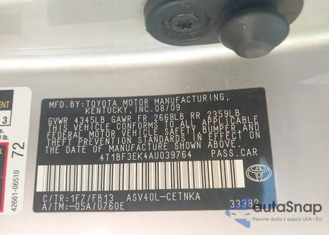 2010 Toyota Camry Le из США, поврежденный, VIN 4T1BF3EK4AU039764